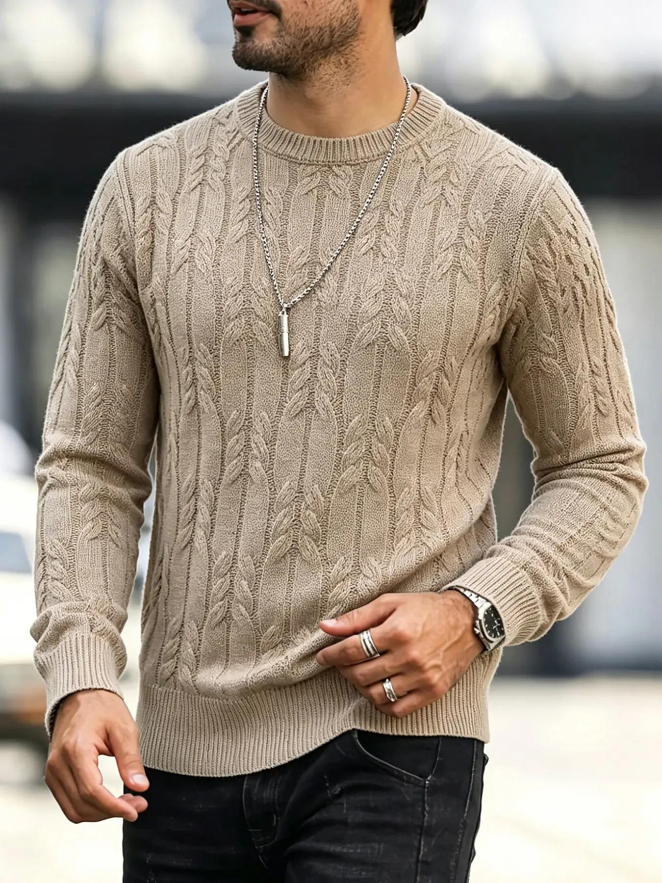 Men's Casual Round Neck Sweater, Jumper with Vertical Stripe Design, Lightweight Business Style, Warm Knitwear for Daily Wear