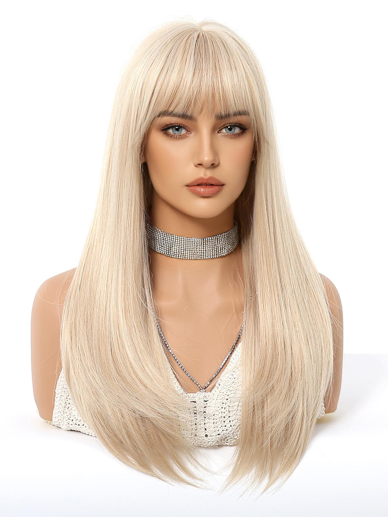 22 Inch Long Straight Wigs for Women, Gorgeous Fluffy Wigs with Bangs, Synthetic Full Machine Wigs for Party, Daily Use, Synthetic Hair Wigs