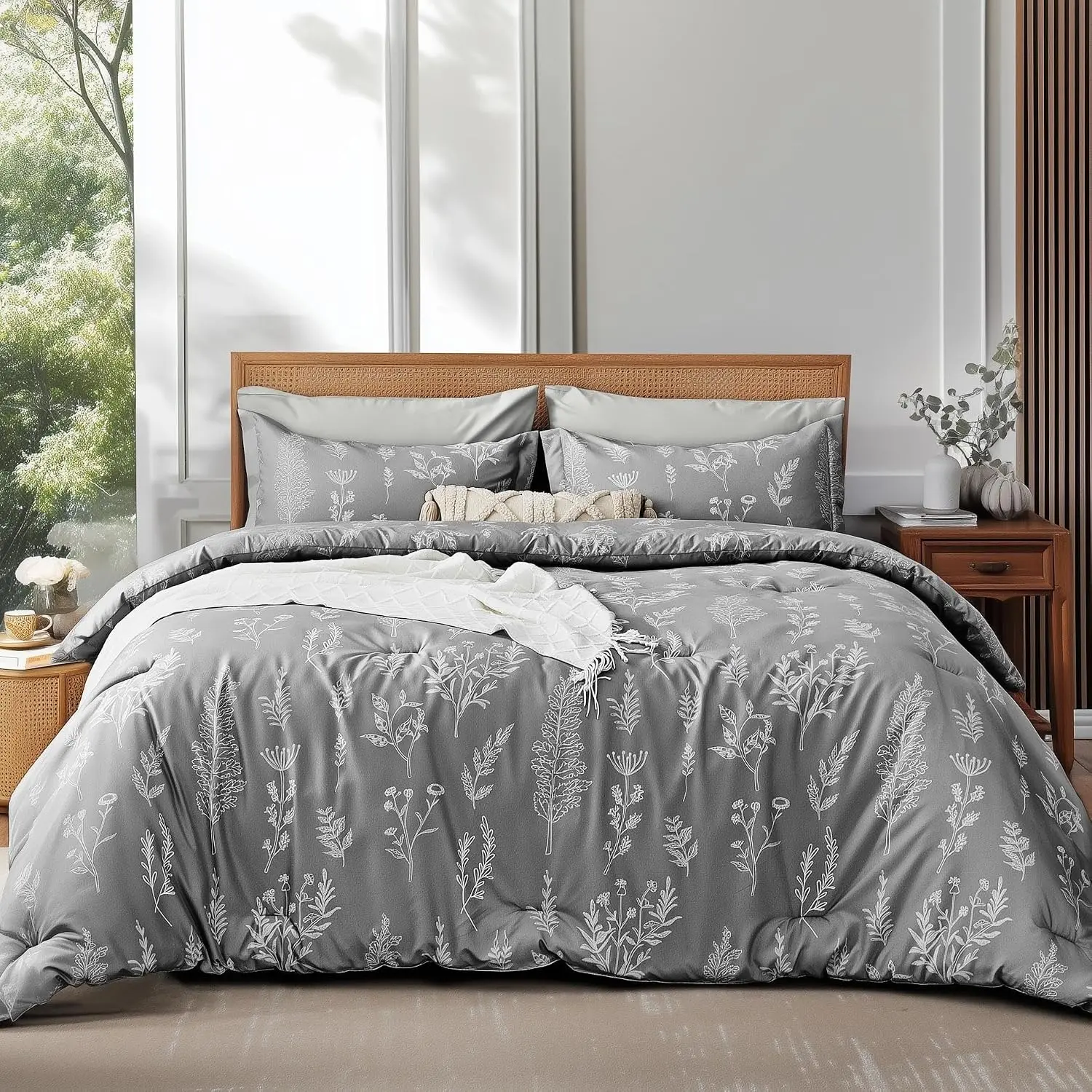 Floral Comforter Set Queen Grey, Cute Flower Bed in a Bag Queen Boho 7 Pieces, Soft Bedding Sets with Comforter, Sheets, Pillowcases & Shams, All Season