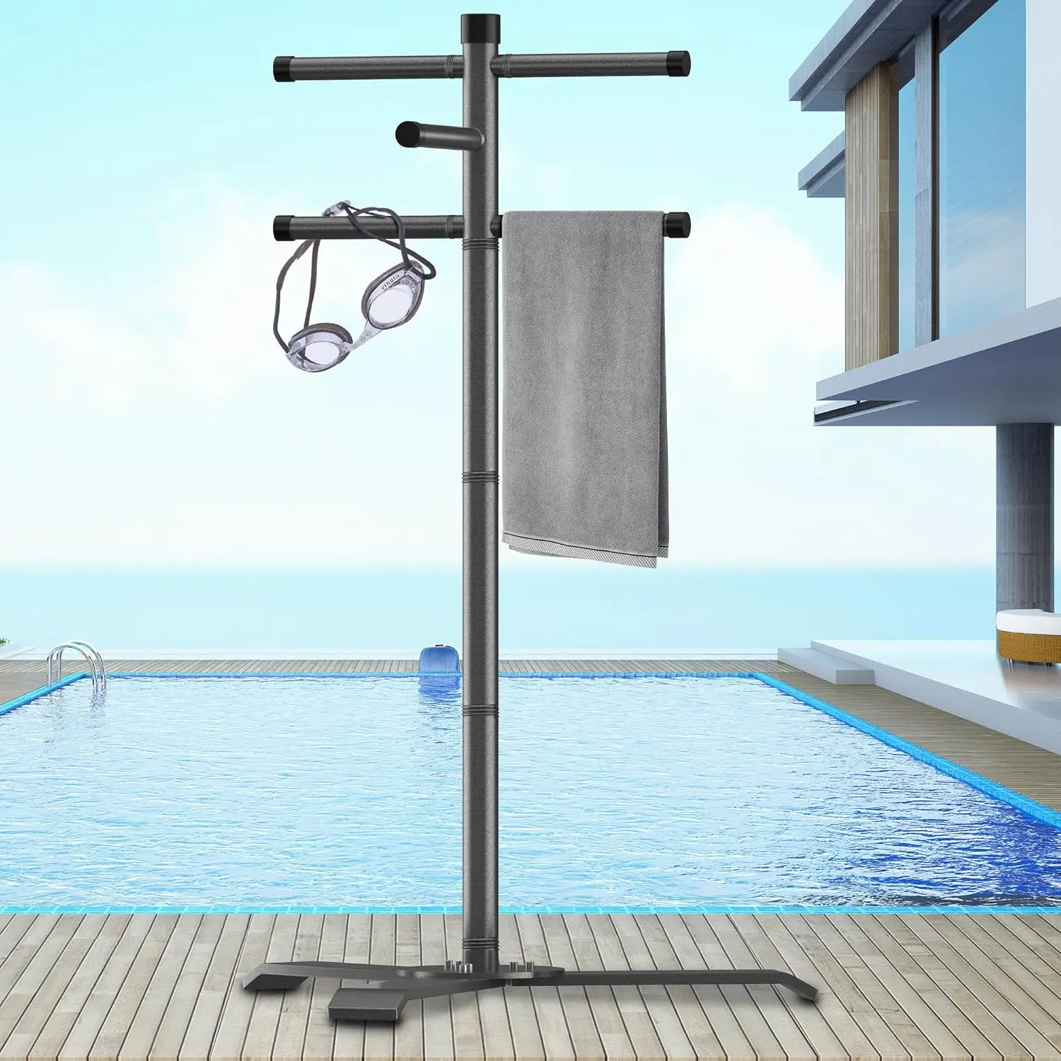 Pool Towel Rack Outdoor, Heavy Duty Outdoor Towel Rack, 61 Inch Free Standing Rack for Pool & Hot Tub, Drying Towels, Swimsuits, Life Jackets and Goggles, Ideal Pool Accessories