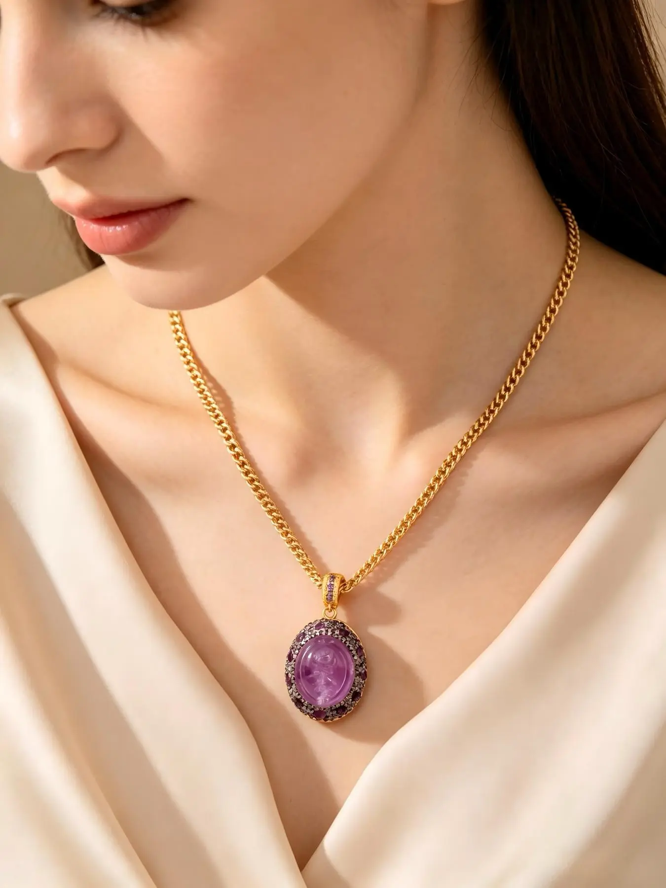 Carved Oval Amethyst Rose Pendant Necklace