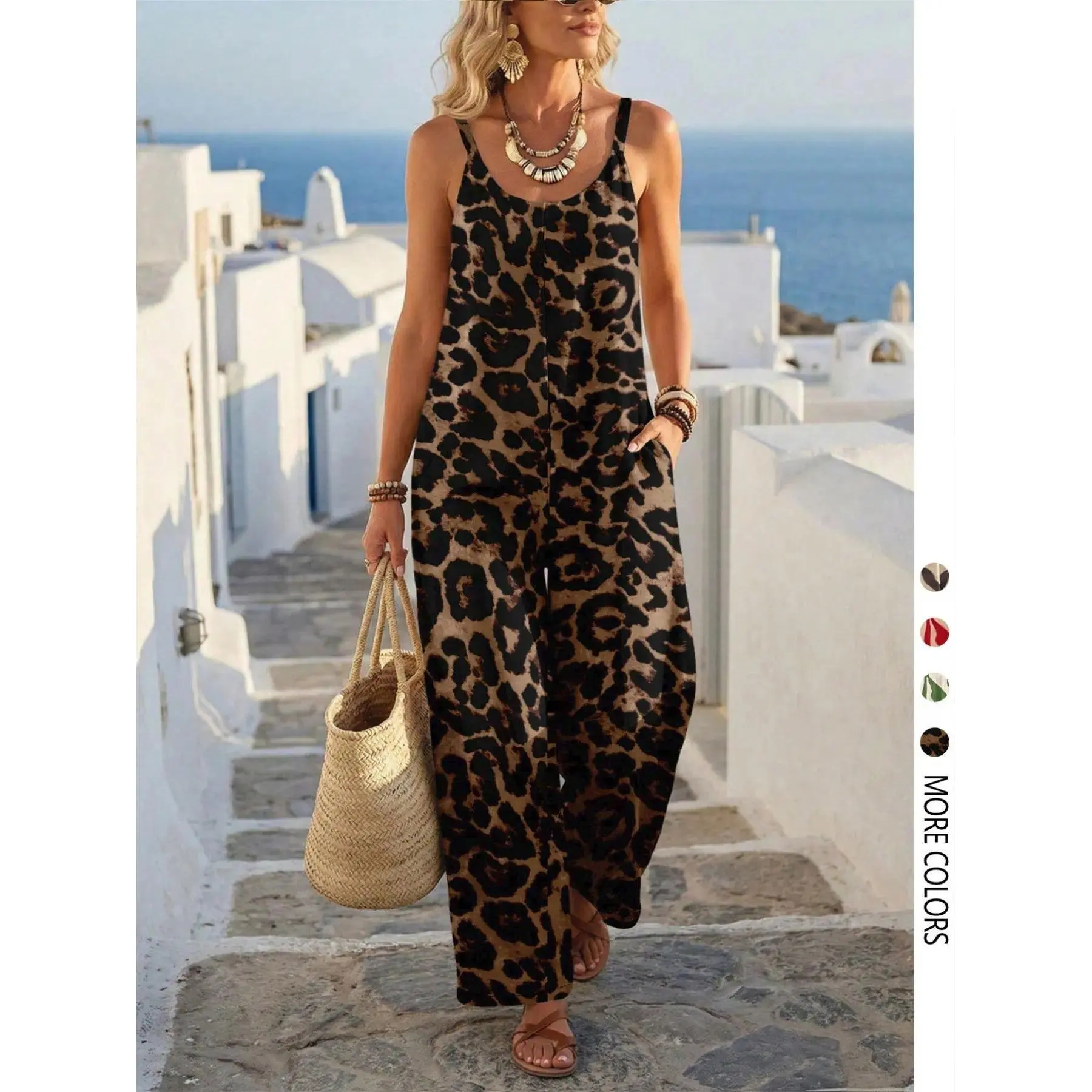 Women’s Boho Print Jumpsuit, Casual Sleeveless Loose Fit Summer Overall with Pockets for Vacation and Beach Wear