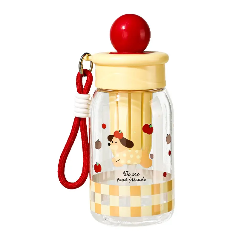 Cute Cartoon Animal Water Bottle with Tea Infuser, Portable Leakproof Clear Plastic Water Cup with Lanyard, Mini Small Water Bottle for Girls Students Outdoor Travel, Kawaii Rabbit Puppy Cat Fruit Filter Drinking Cup
