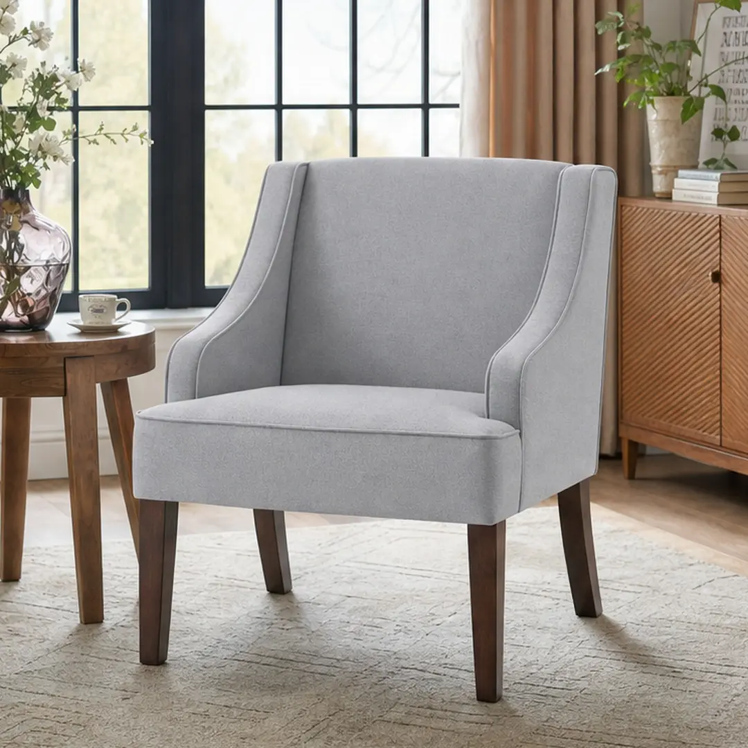 Midcentury Elegant Style Wingback Accent Armchair - ARCH Upholstered Linen Fabric, Solid Wood Legs, Ergonomic Back-Saving Handle, Compact Form, Reading Chair for Living Room/Office, 24.25 W x 26.00 D x 33.75 H in, Gray
