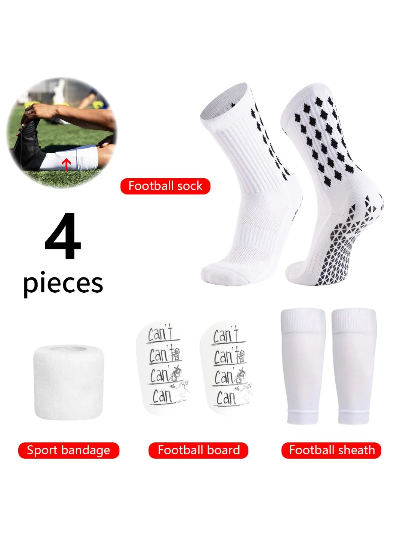 4-Piece Football Sports Set, Anti-Slip Long Tube Socks, Athletic Tube Socks, Non Slip Socks, Shin Guards, Binding Straps, Professional Training Socks for Soccer, Basketball, Running