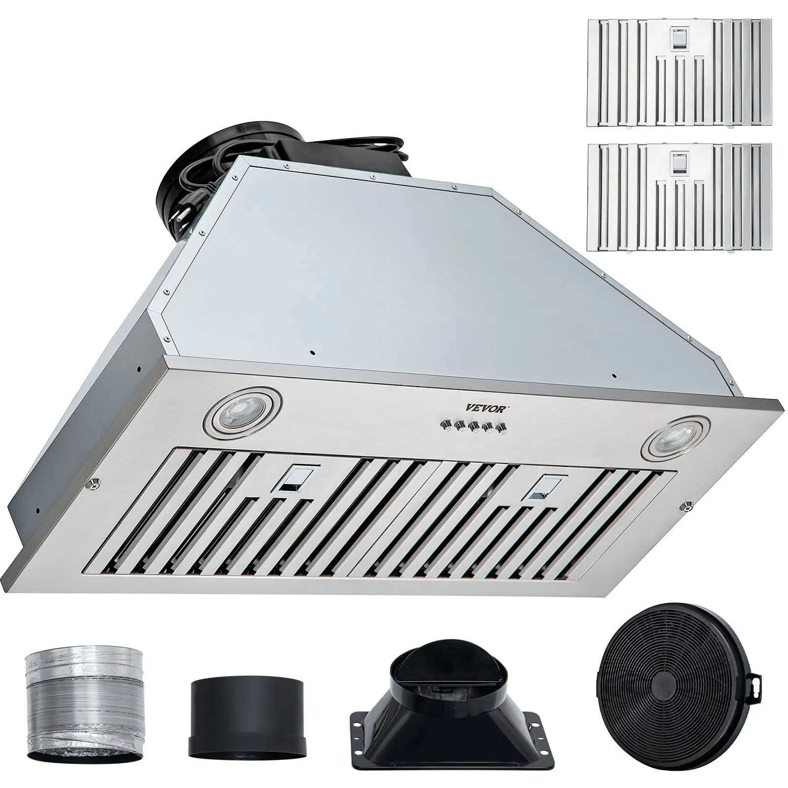 【Summerfinds】VEVOR 30-Inch Built-in Stainless Steel Insert Range Hood, 800CFM 3-Speed, Push Button Control, LED Light, Baffle Grease Filter, Washable Charcoal Filter, Ultra-Quiet Operation, Ducted/Ductless Convertible, ETL Listed, E70-27