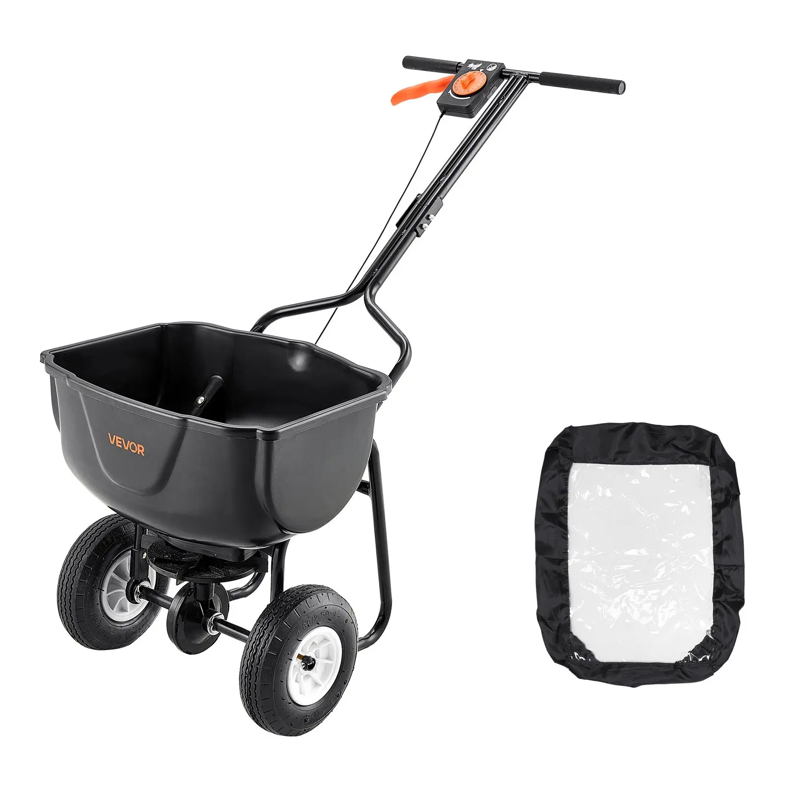 VEVOR Walk Behind Spreader, 60LBS Capacity, Push Spreader with Hopper Grate, 0-9.8 ft Spreading Width, 8 in All Terrain Pneumatic Tires, Garden & Lawn Broadcast Spreaders, for Seed, Fertilizer