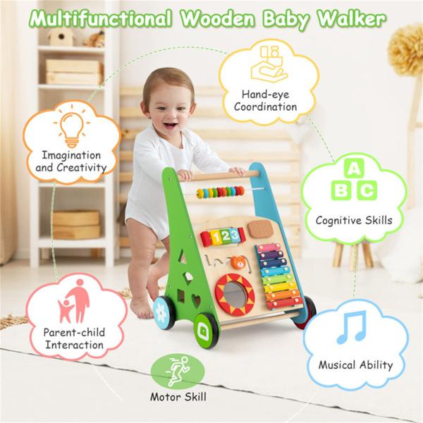 Multifunctional Wooden Baby Walker - 7+ Activity Center (Xylophone/Shape Sorter/Mirror), 3+ Years Old