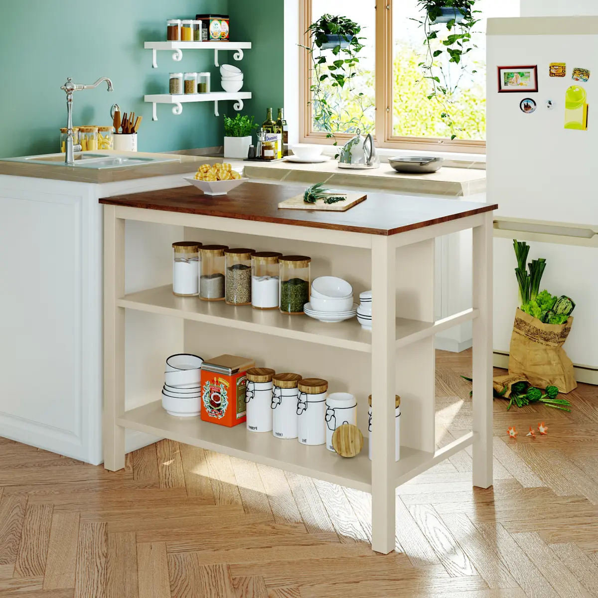 AobtkelTOPMAX Solid Wood Rustic 45" Stationary Kitchen Island, Rubber Wood Butcher Block Dining Table Prep Table with 2 Open Shelves for Small Places,Walnut+Cream White