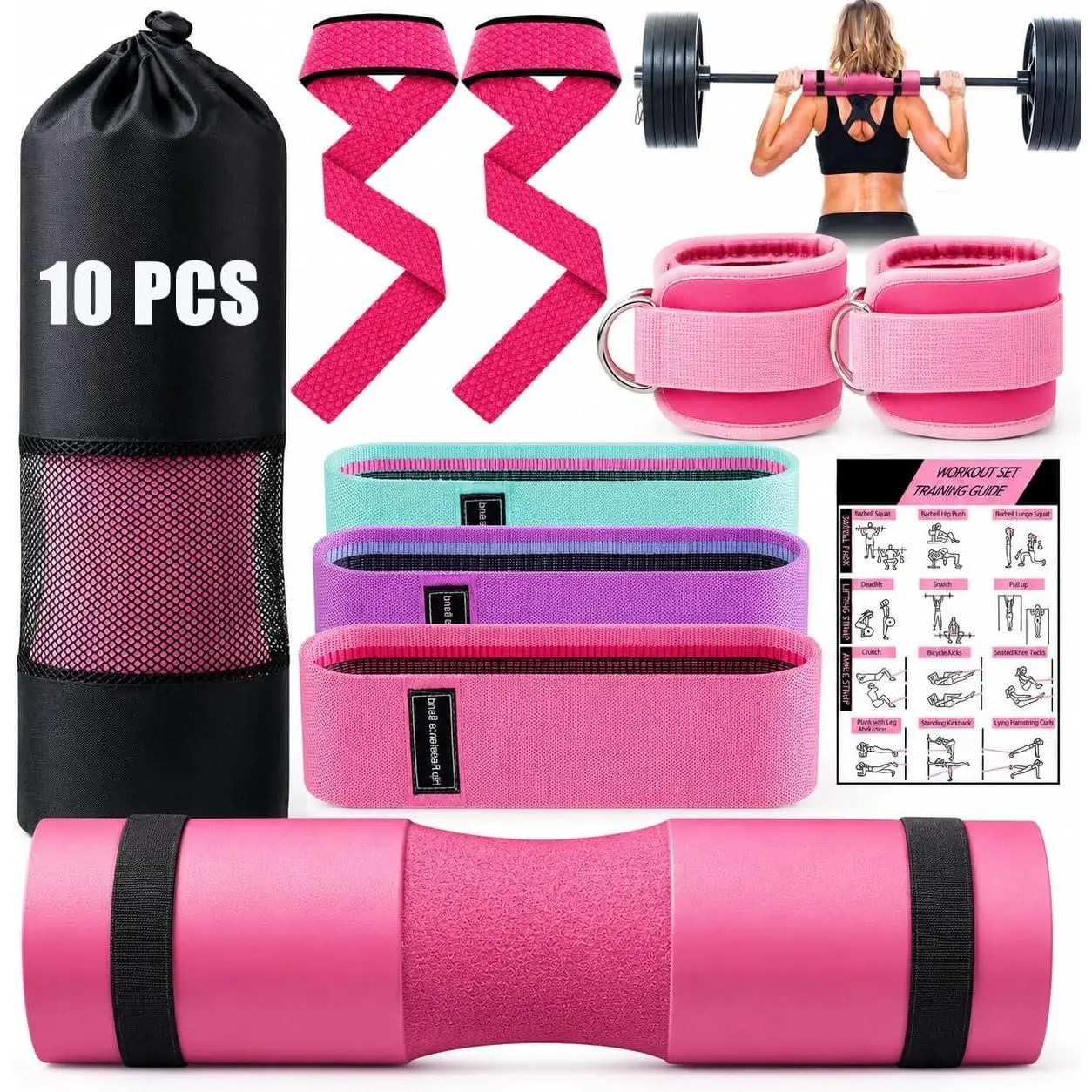 10 count Barbell Pad Set for Squat, Thrust Pad Workout  | Weight Lifting Bar Cushion with 2 Gym Ankle Straps,3  Resistance Bands,2 Lifting Strap,,Barbell Pad and Carry Bag