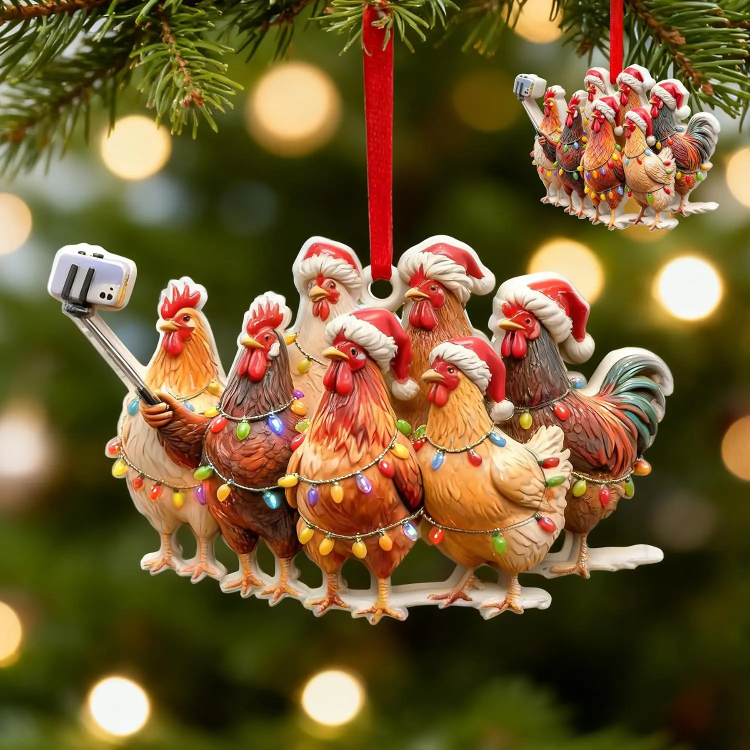 Funny Christmas Ornaments, Christmas Day Gifts for Him Her, Chicken Christmas Ornament,  Selfie Chicken Ornament for Tree  Decor,  Christmas Tree Decor & for Chickens Lovers  Decor