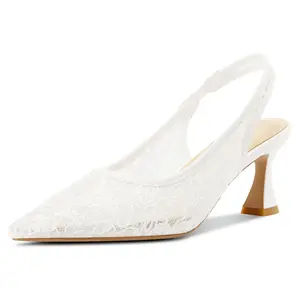 Womens Lace Mesh Slingback Heels Closed Pointed Toe Wedding Pumps Kitten Heel Bridal Dress Shoes 2.5 Inches Heels