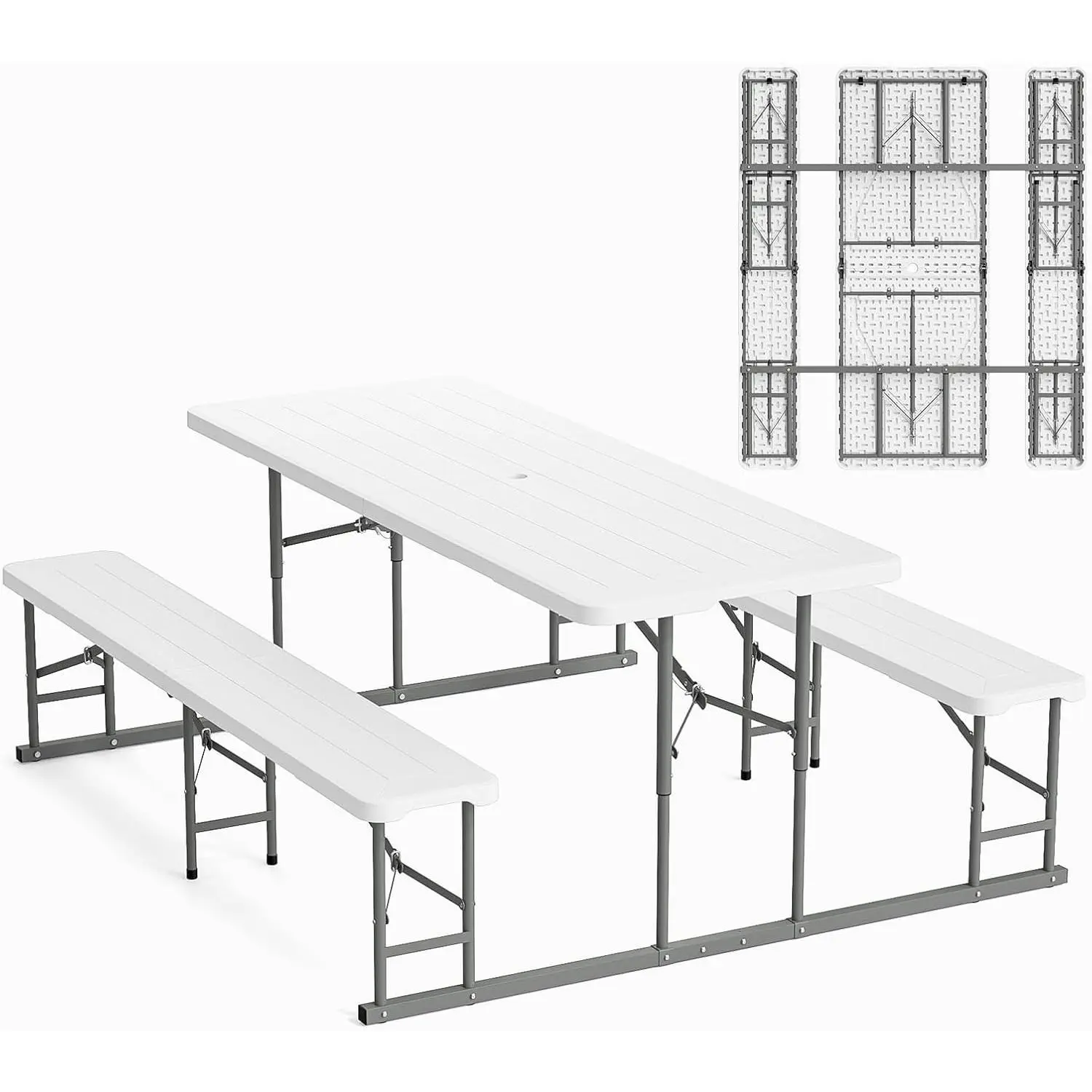 Outvita Folding Picnic Table and Bench Set, Portable Outdoor Dining Furniture for Camping, Patio, Backyard, Wood Grain Plastic Top with Metal Frame Summervibes