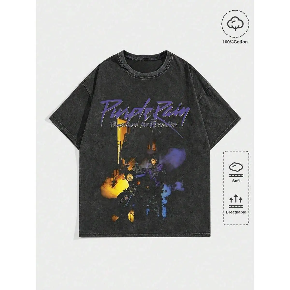 Men's 1-Piece Black "Purple Rain" Prince Graphic Tee, 230g Cotton Short-Sleeve Round Neck Menswear, Vintage Streetwear Retro Washed Unisex All-Season Casual Cotton Graphic Tees, Shortsleeve, Tshirt