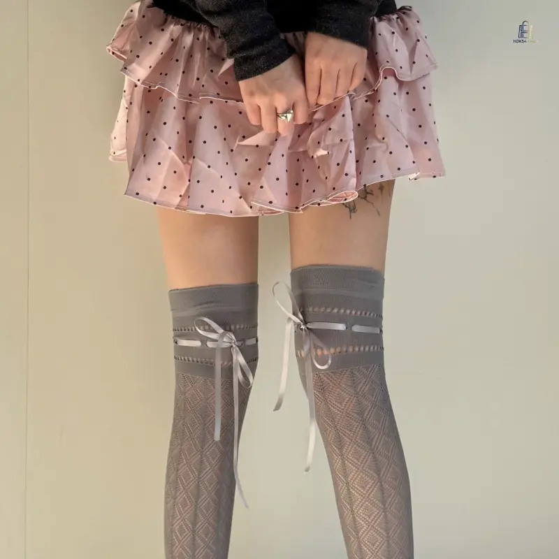 Women's Ballet-Style Cutout Thigh-Length Fishnet Socks - Slouchy Drawstring Anti-Snag Hosiery for Spring & Summer Daily Wear Fashion Accessories