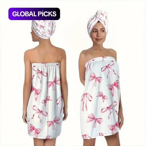 2pcs, fashionable pink bow-knot style printed pattern bath skirt and Hair Drying Towel, 100% polyester fiber, soft, adult home bath skirt and hair dry hat set includes towel, suitable for bathroom, sauna SPA and salon wrapping, Valentine's Day gift
