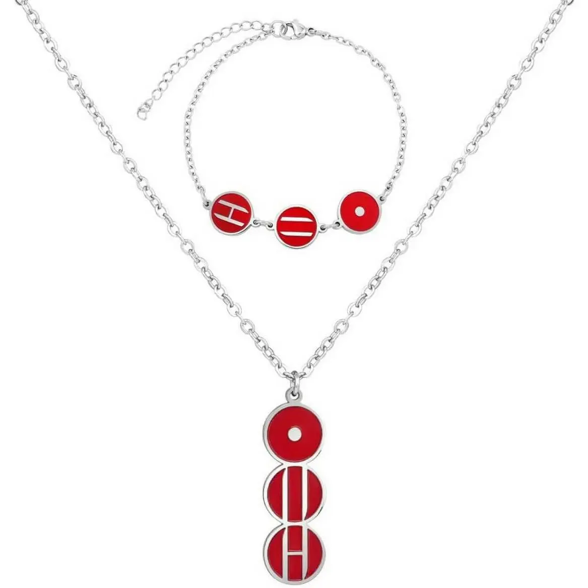 Women's Army-Inspired 2-Piece Costume Jewelry Set - Enamel Arirang Motif Pendants, Nickel-Free Stainless Steel Necklace & Bracelet, Water-Resistant for Daily Wear, Fan Gifts