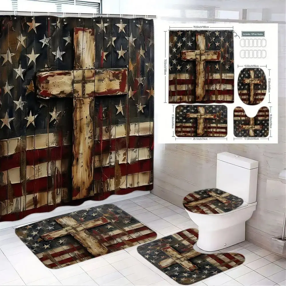 1/4pcs Waterproof Polyester Rustic American Flag Cross Shower Curtain Set - Toilet Lid Cover, 2 Bath Mats, Distressed Wood Cross Design, Patriotic Religious Bathroom Decor, Bathroom Accessory for Independence Day, Memorial Day