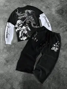 Men's Fashion Casual Two-Piece Set, Angel & Cross Pattern Drawstring Wide Leg Pants, Summer Loose Fit Long Sleeve T-Shirt and Straight Leg Pants