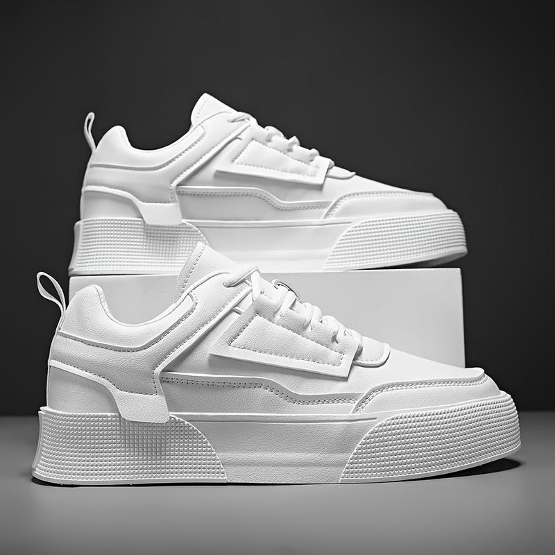 [Everyday Sneakers] Men's Classic White Casual Sneakers - Stylish Low-Top Lace-Up Shoes with Durable PU Upper & Sole, Comfortable Fabric Insole for Casual Attire