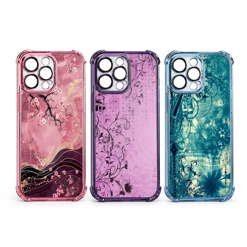 Vintage Oriental Floral Ink Watercolor Gold Foil Plum Blossom Gothic Scroll Art Shockproof Anti-Slip iPhone Case, 3 Colors Gradient Glitter Frame Transparent Protective Phone Cover Fit iPhone 13-17Pro Max