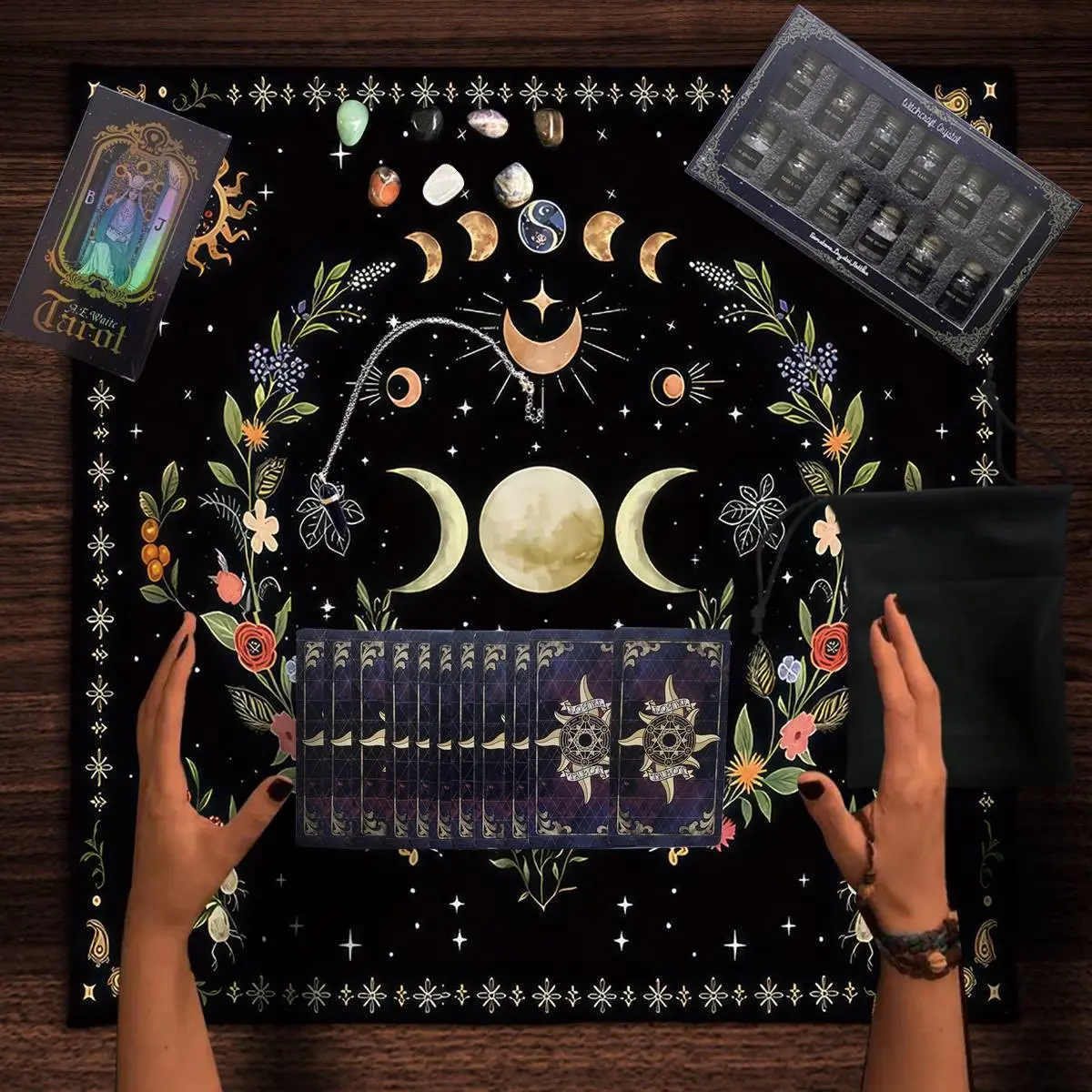 6pc Tarot Reading Set, Bohemian Style, Includes 78 Tarot Cards, 12 Crystal Bottles, 7 Chakra Stones, Drawstring Bag, Tablecloth, Pendant