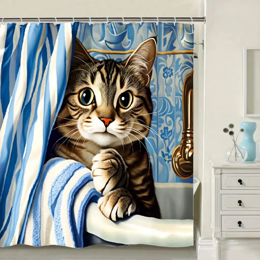 Cute Cat-Themed Polyester Shower Curtain with Humorous Animal Design, Bathroom Decor Gift with Hooks, Modern Funny Bathroom Shower Curtain, Bathroom Shower Curtains