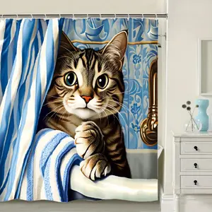 Adorable Cat-Themed Shower Curtain Featuring a Humorous Animal Design, Perfect for Bathroom Decor Polyester Fabric And Includes Hooks