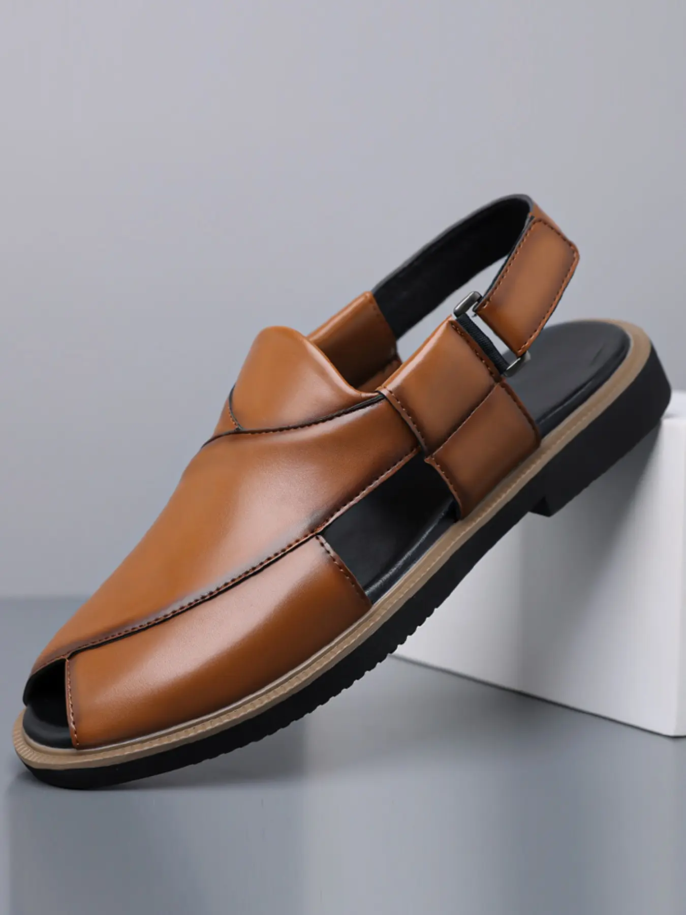 Men's Fish Mouth Sandals with Adjustable Metal Buckle, Retro Stitching, Non-Slip Rubber Sole, Business Casual, Sizes 39-48