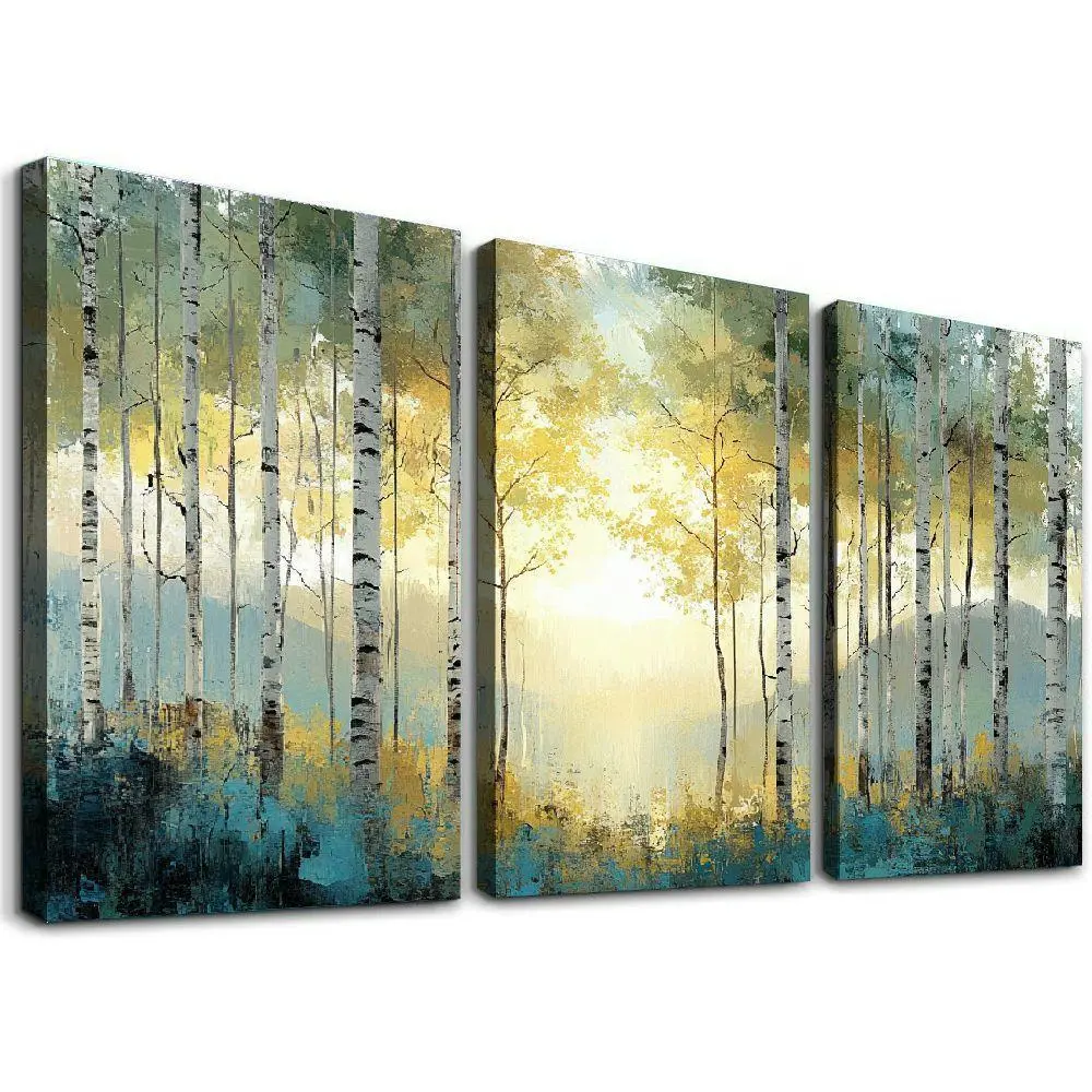 Quiet Autumn Birch Forest Theme Canvas Wall Painting 3-Piece Canvas Wall Art - Framed, Ready To Hang - For Living Room Office - Perfect Gift For Housewarming Christmas New Year - Wall Decor, Home Decoration