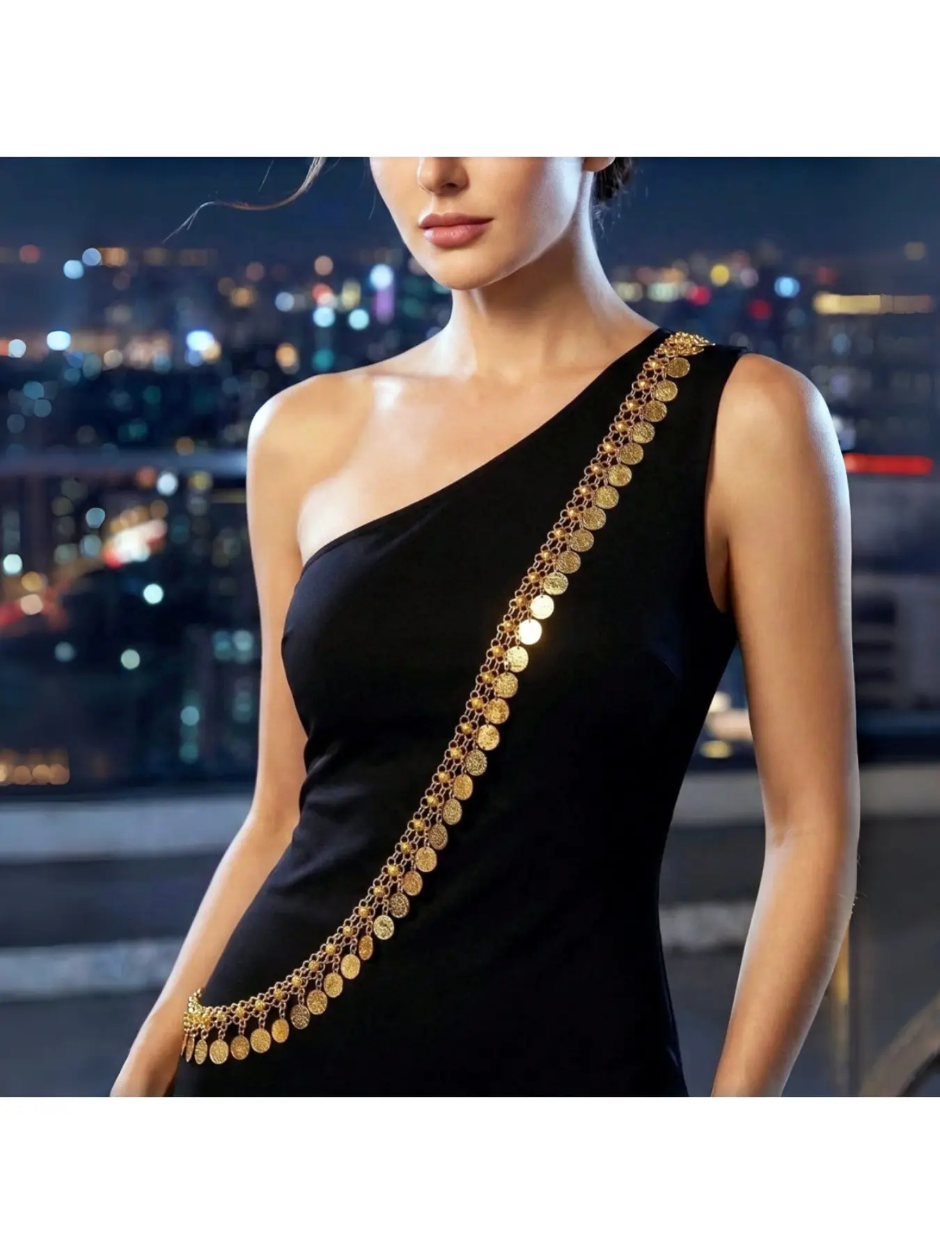 Cross-border exotic style gold coin tassel crossbody single-shoulder body chain, versatile shoulder chain accessory for nightclub, evening banquet and photoshoot