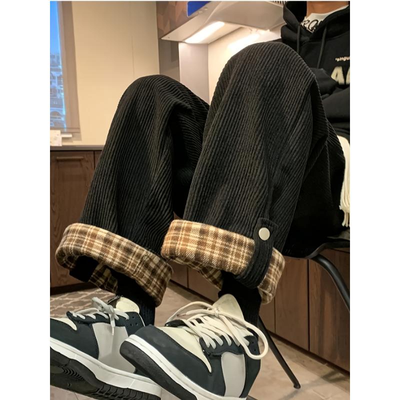 Fashion men's wear: Men's Casual Corduroy-Textured Wide-Leg Pants with Plaid Contrast Cuffs - Beige & Brown All-Season Straight-Leg Trousers, Machine Washable for Casual Attire