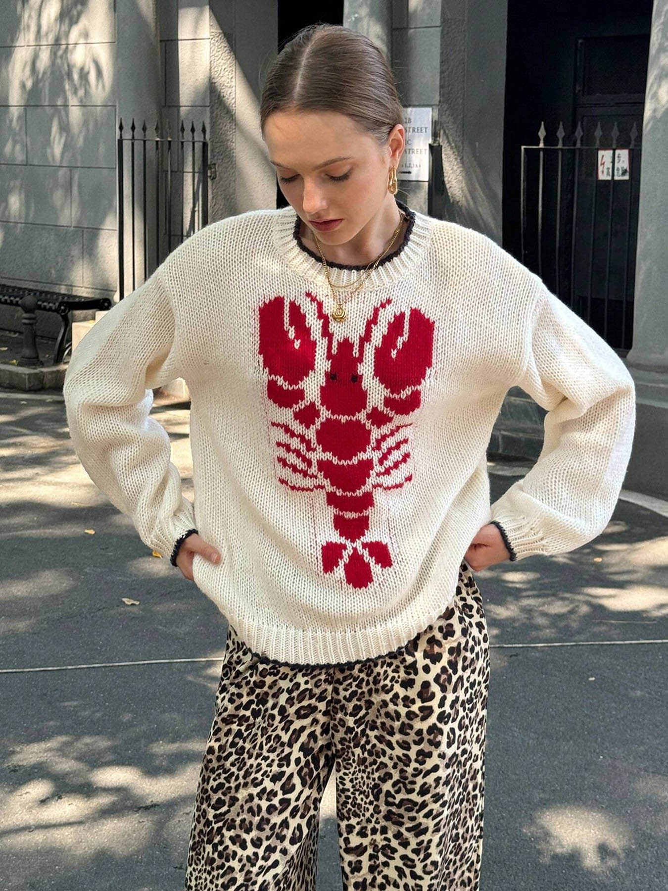 New2025Women's Cartoon Lobster Print Drop Shoulder Sweater, Casual Long Sleeve Round Neck Jumper for Fall & Winter, Fashion Ladies' Knitwear for Daily Wear, Longsleeves Tops for Women, Womenswear(Gift)11
