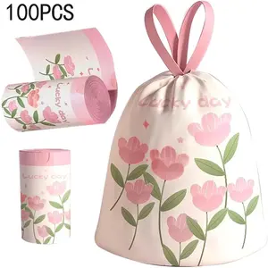 100 packs of thick large-sized drawstring garbage bags with pink lavender fragrance - multi-purpose disposable garbage bags with fragrance lining, suitable for household use - pink flower pattern and "Happy Day" text, tear-resistant design