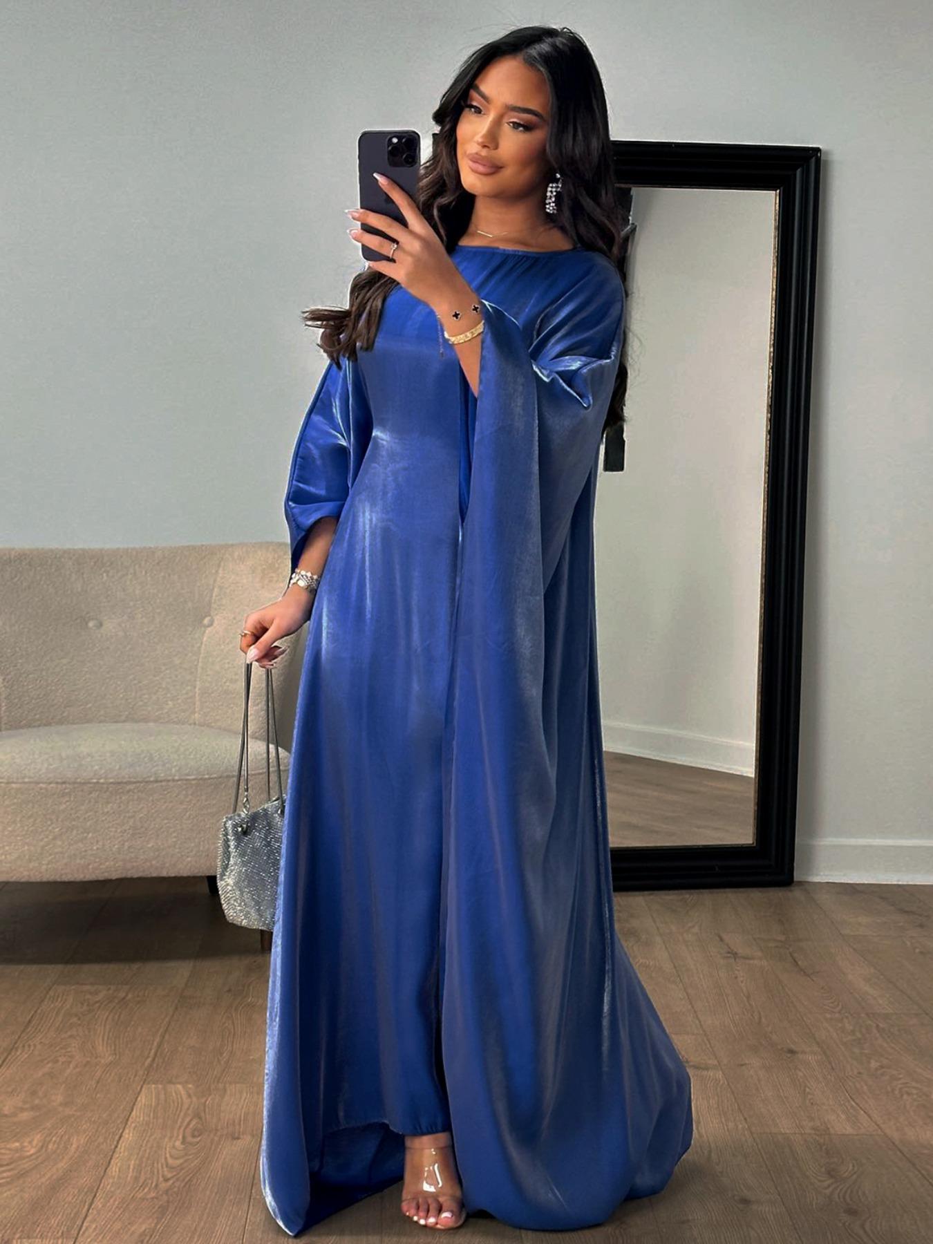 Women's Solid Color Round Neck Kaftan Robe, Muslim Women's Gowns, Modest Fashion Long Sleeve Dress for Daily Wear, Women's Islamic Clothing for All Seasons