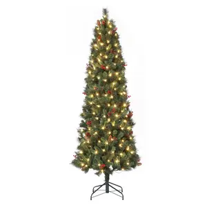 Pre-Decorated Artificial Christmas Tree – 7FT with Pine Cones & Red Berries, Full Divisions, Metal Stand, Realistic Xmas Tree for Home, Office, Shop