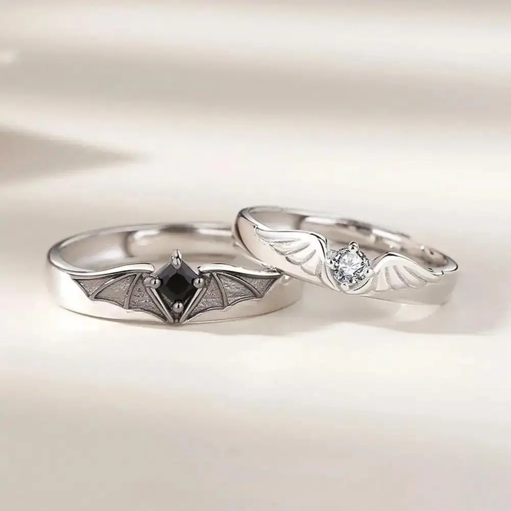 Luxury Crystal Angel-Demon Couple Rings for Women & Men, Adjustable Size Wing-Design Jewelry with Metal Coating, Scratch-Free, Skin-Friendly, Wear-Resistant for Engagement & Wedding