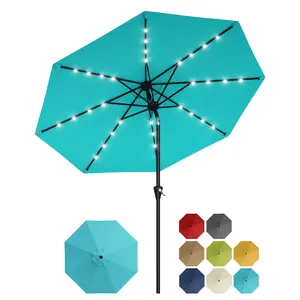 9FT Solar Market Umbrella with 32 LED Lights, Crank Lift, Push Button Tilt, 8 Ribs, UV Protection for Pool, Deck, Yard, Garden