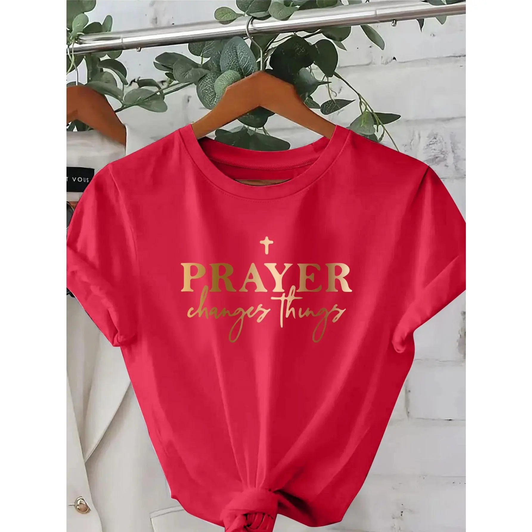 Women's Grey Knit Fabric Faith T-Shirt - Comfortable Short-Sleeve Round Neck, Golden Prayer Print, Verse Design, "Prayer Changes Things" Slogan, Fitted, Machine Washable Church Apparel