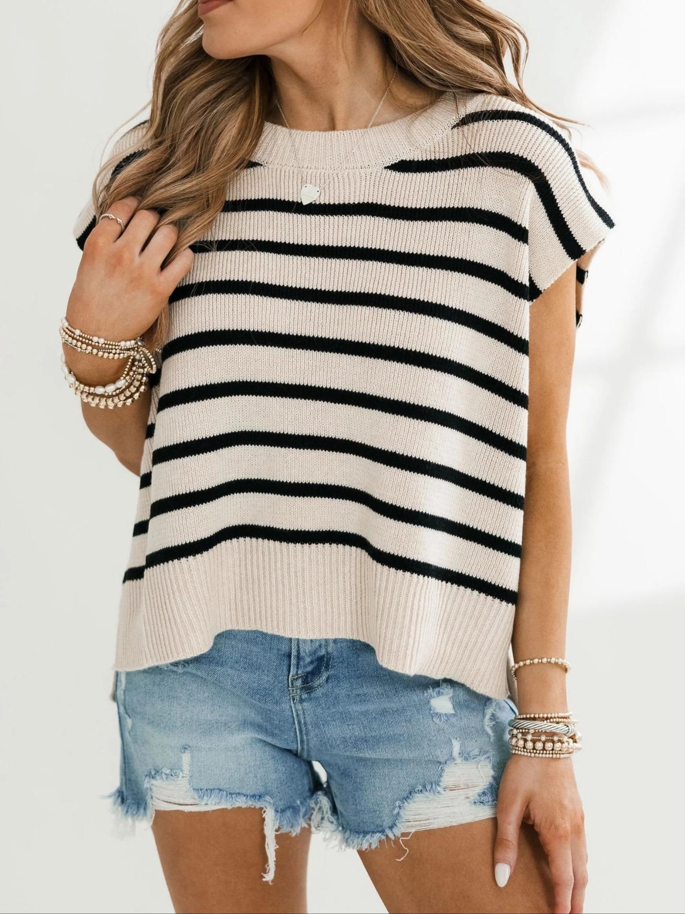 Women's Striped Print Crew Neck Sweater Pullover, Casual Jumper for Summer, Fashion Women's Knitwear for Daily Wear, Women Summer Tops, Oversized Knit Tops for Women