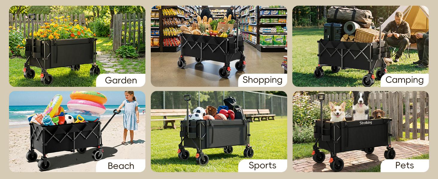 39" L Collapsible Wagon Cart, 220L Large Capacity and 440Lbs Heavy Duty, Lightweight 15lbs Folding Garden Cart with Silent All-Terrain Wheels for Beach, Camping Grass and Grocery, Black