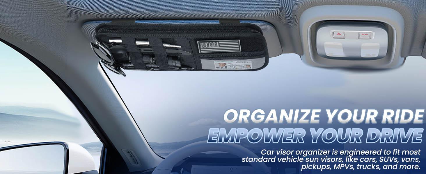 Molle Visor Organizer for Car, 1000D Polyester Tactical Panel Sun Glasses Holder with Zipper Pockets, Adjustable Straps for SUV Truck Pickup Patrol Car Sto