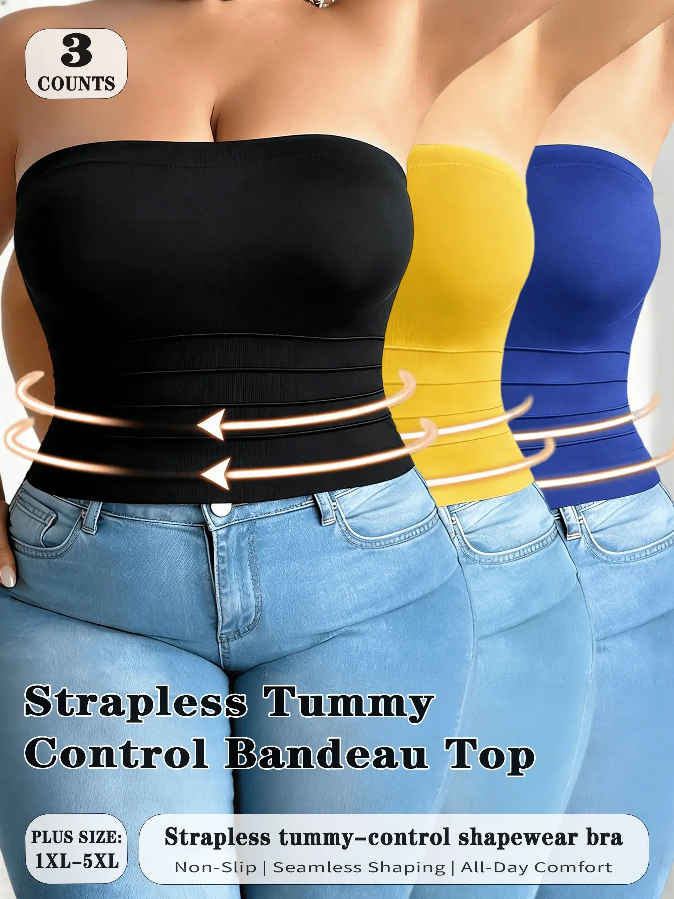 3-PcsPlus Size Strapless Belly Control Ruched Waist Seamless Shapewear Bodycon Underwear, Anti-Slip Non-Rolled Edge Base Layer