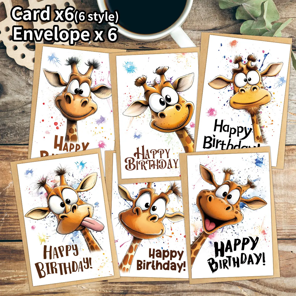 6pcs Funny Giraffe Theme Birthday Cards with Envelopes - Cartoon Cute Giraffe Birthday Wishes Card, Paper Birthday Celebration Greeting Card, Birthday Gift for Friend and Family