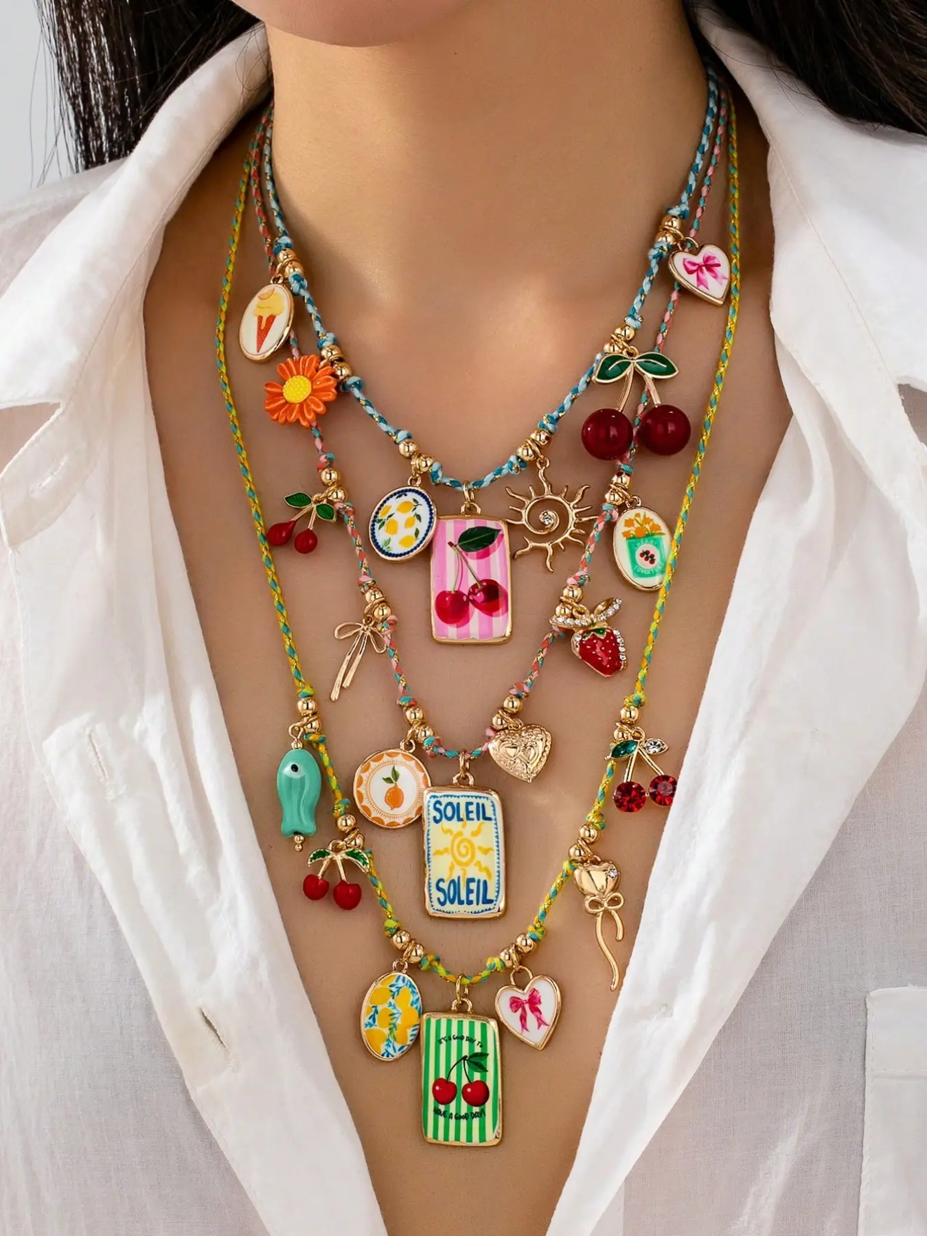 3Pcs Summer Fruit & Sun Themed Layered Charm Boho Style Necklace Set - Multicolor Braided Cord Necklaces with Enamel Cherry & Lemon Charms, Boho Vacation Statement Jewelry for Women
