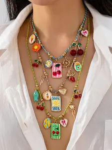 3Pcs Summer Fruit & Sun Themed Layered Charm Necklace Set - Multicolor Braided Cord Necklaces with Enamel Cherry & Lemon Charms, Boho Vacation Statement Jewelry for Women