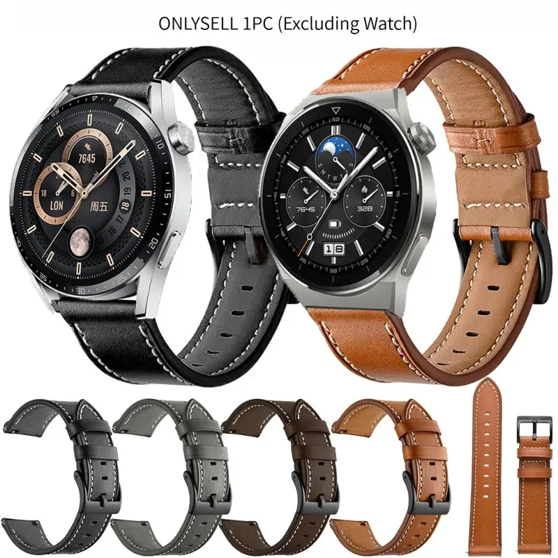 1pc 20mm 22mm Universal Same-Base White-Stitch Leather Watch Band, Elegant Adjustable Quick Release Replacement Wrist Strap For Huawei, Samsung, Garmin, Amazfit, Suunto, Xiaomi, Honor, OPPO, VIVO, iQOO (Watch Not Included)
