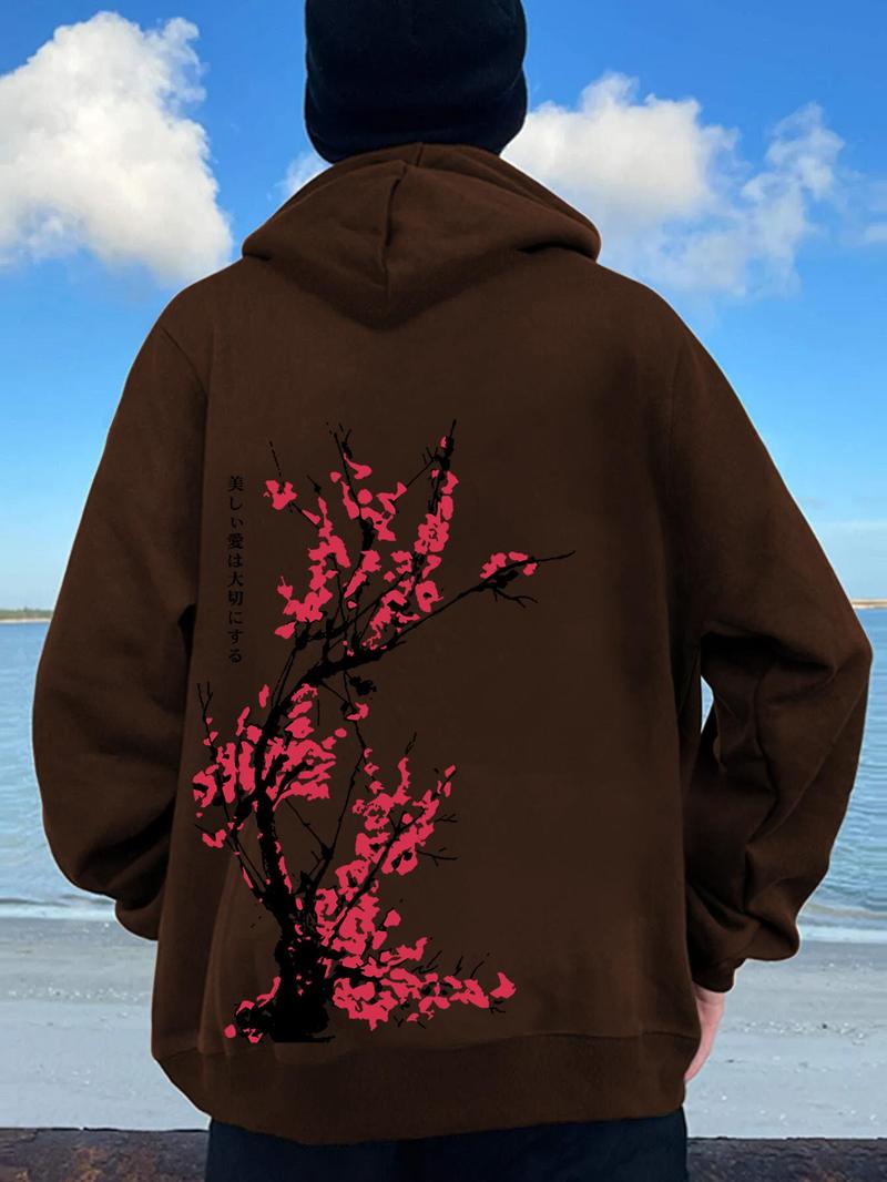 Men's Floral Print Drop Shoulder Hoodie, Fashion Casual Regular Fit Drawstring Pocket Hooded Sweatshirt for Daily Holiday Outdoor Wear, Men Clothes for Fall & Winter