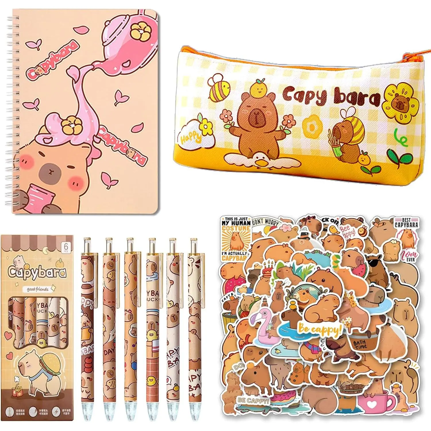 Capybara School Supplies, 9 Pack Capybara Stationery Set, Capybara Gifts | Cartoon Journal, Capybara Pencil Case, 6 Ballpoint Pen, 50 Stickers