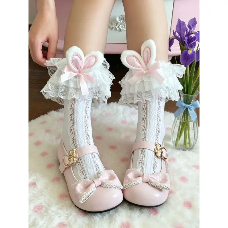cute bunny ears bow lace calf socks japanese lolita heart hollow out mid calf socks sweet daily wear cosplay ankle socks for women girls